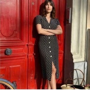 Rouje Navy and White Polka Dot Midi Marin Dress